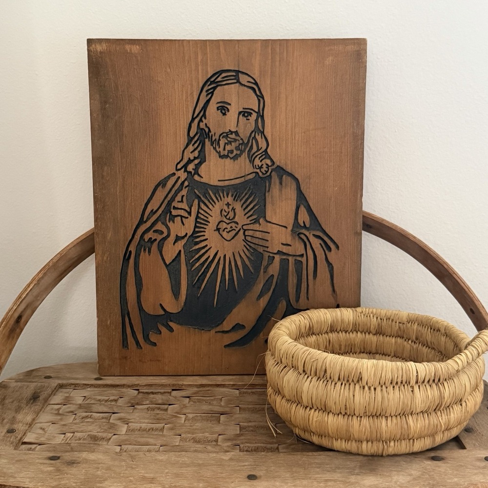 Vtg Jesus Folk Art Wood Carving Pyrography Religious Heart Christ God Handmade